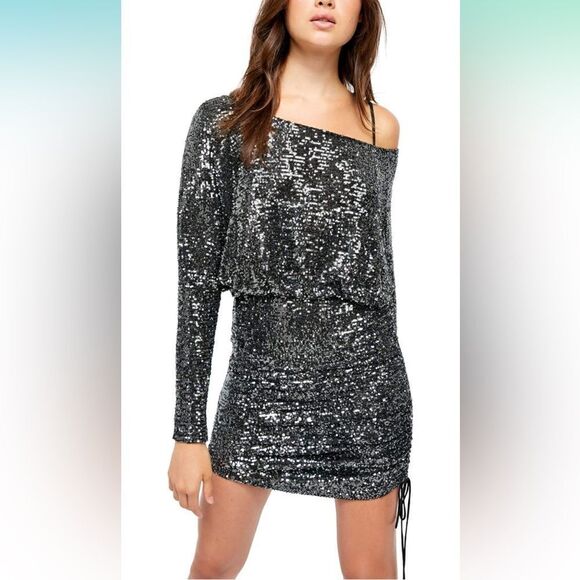 Free People Womens Giselle Sequined One Shoulder Mini Dress - Picture 1 of 11